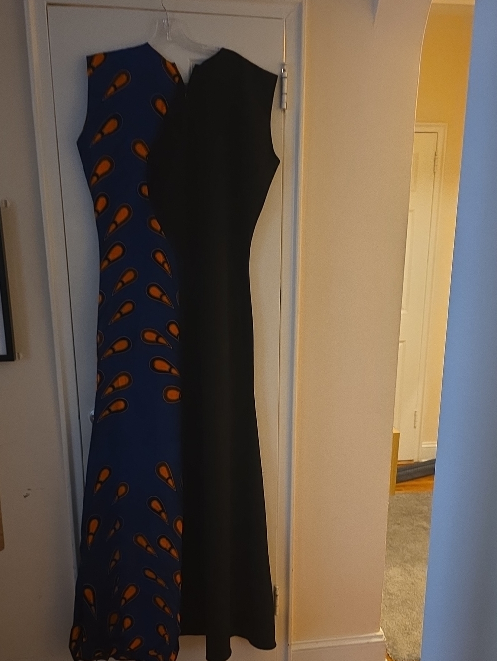 Custom Sleeveless Blue Orange & Black Colorblock Ankara Maxi Dress With Headwrap
